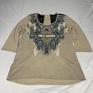 Harley Davidson Top Women's XL Beige Crochet Lace Back 3/4 Sleeve Bling Cross